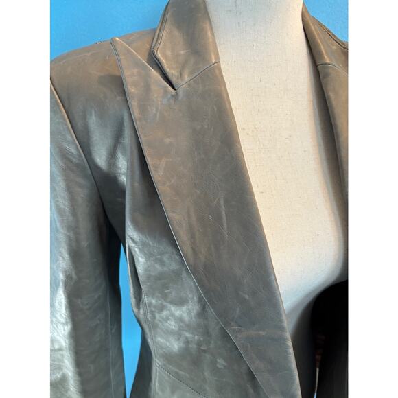 NWOT BLK DNM Distressed Leather Blazer Jacket Lined Olive Open XS XXS - Picture 7 of 9